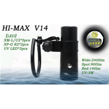 HI-MAX V14 mit 5pc XM-L / U2, 2pc XP-G R2, 3pc UV LED, 2400lm breit, 900lm Spot, 140lm Rot, 3W uv führte 365nm Unterwasser Video Licht